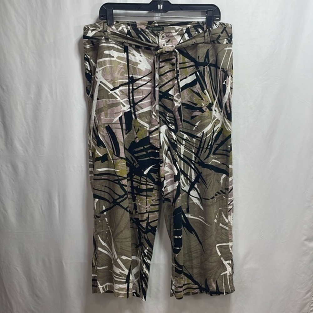 🦘 For Cynthia tropical print mauve green tan black white linen cropped wide leg